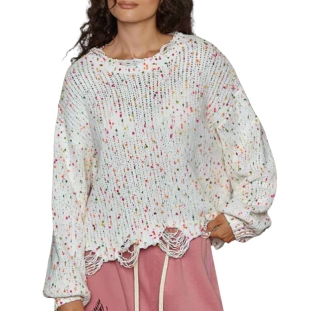 MAIN STRIP SWEATER Ivory & Rainbow CONFETTI POM-POM BALLS Shredded Chenille S